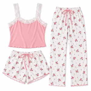 Ensemble Pyjama Femme 3 Pièces à Motifs Floraux avec Dentelle – Débardeur, Short & Pantalon