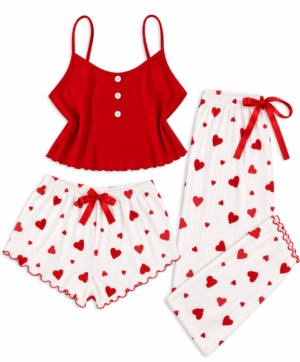 Ensemble Pyjama Femme 3 Pièces à Motifs Cœurs – Débardeur, Short & Pantalon