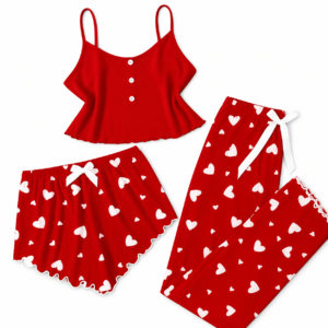 Ensemble Pyjama Femme 3 Pièces à Motifs Cœurs – Débardeur, Short & Pantalon