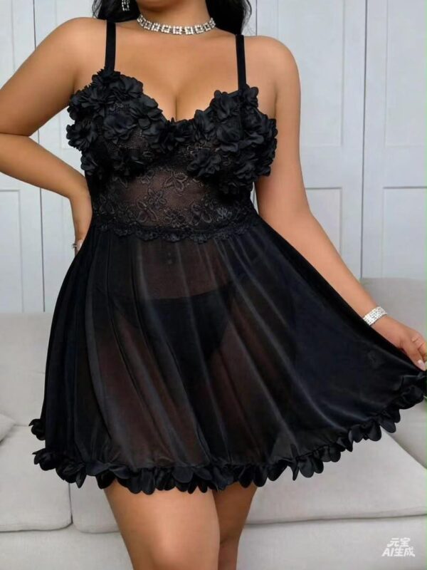Nuisette Babydoll Femme à Fleurs 3D et Dentelle Transparente