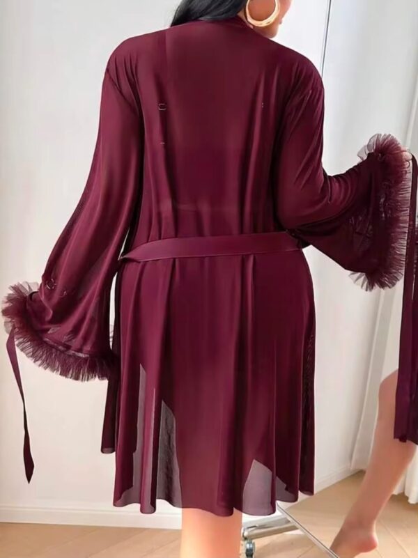 Ensemble Lingerie Femme 3 Pièces en Dentelle avec Kimono – Bordeaux