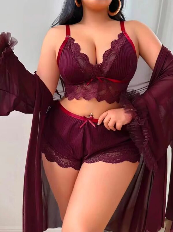 Ensemble Lingerie Femme 3 Pièces en Dentelle avec Kimono – Bordeaux