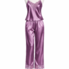 Ensemble Pyjama  2 Pièces Aspect Satiné – Caraco Dentelle & Pantalon Long
