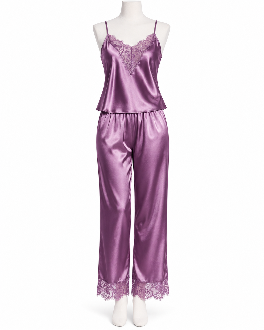 Ensemble Pyjama  2 Pièces Aspect Satiné – Caraco Dentelle & Pantalon Long