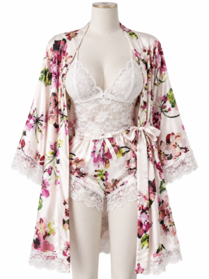 Ensemble Nuit 3 Pièces Fleuri – Kimono Satiné, Caraco Dentelle & Short Assorti