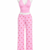 Ensemble Pyjama 2 Pièces à Cœurs – Top Dos Nu & Pantalon Large
