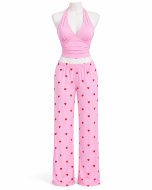 Ensemble Pyjama 2 Pièces à Cœurs – Top Dos Nu & Pantalon Large