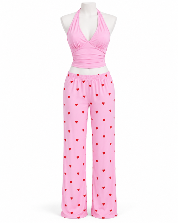 Ensemble Pyjama 2 Pièces à Cœurs – Top Dos Nu & Pantalon Large