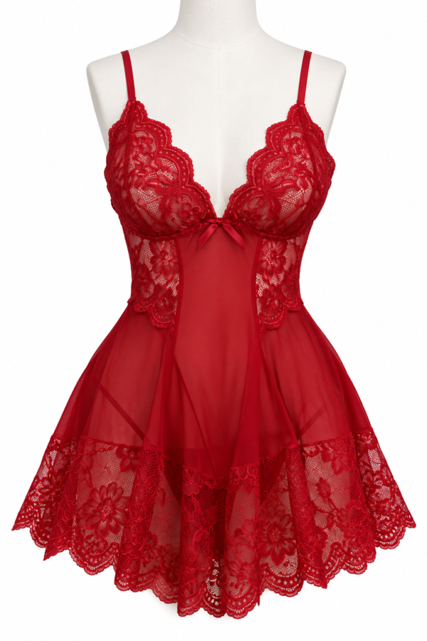 Nuisette Babydoll en Dentelle Florale & Voile Transparent – Coupe Évasée