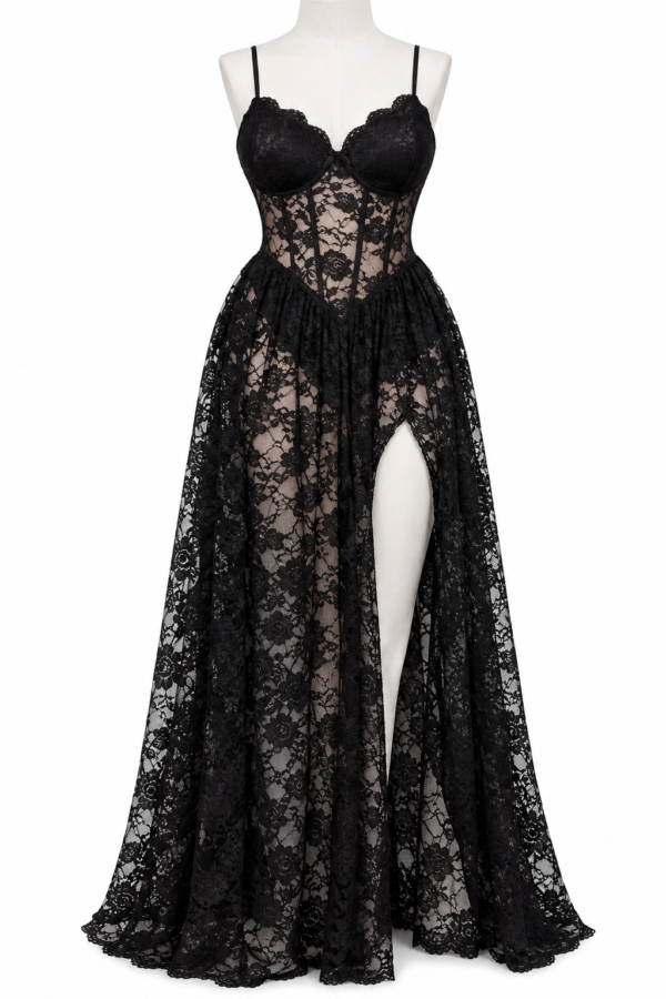 Robe de Nuit Longue en Dentelle – Bustier Corset & Fente Haute